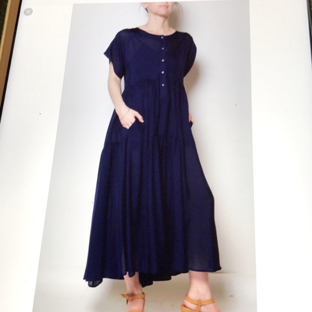Maryam Nassir Zadeh 100% Silk Navy Blue tiered dress